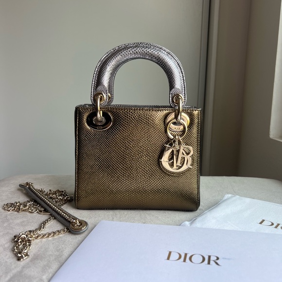 NEW & TAGS Lady Dior Chain Bag Lizard Mini Gold - Picture 1 of 15